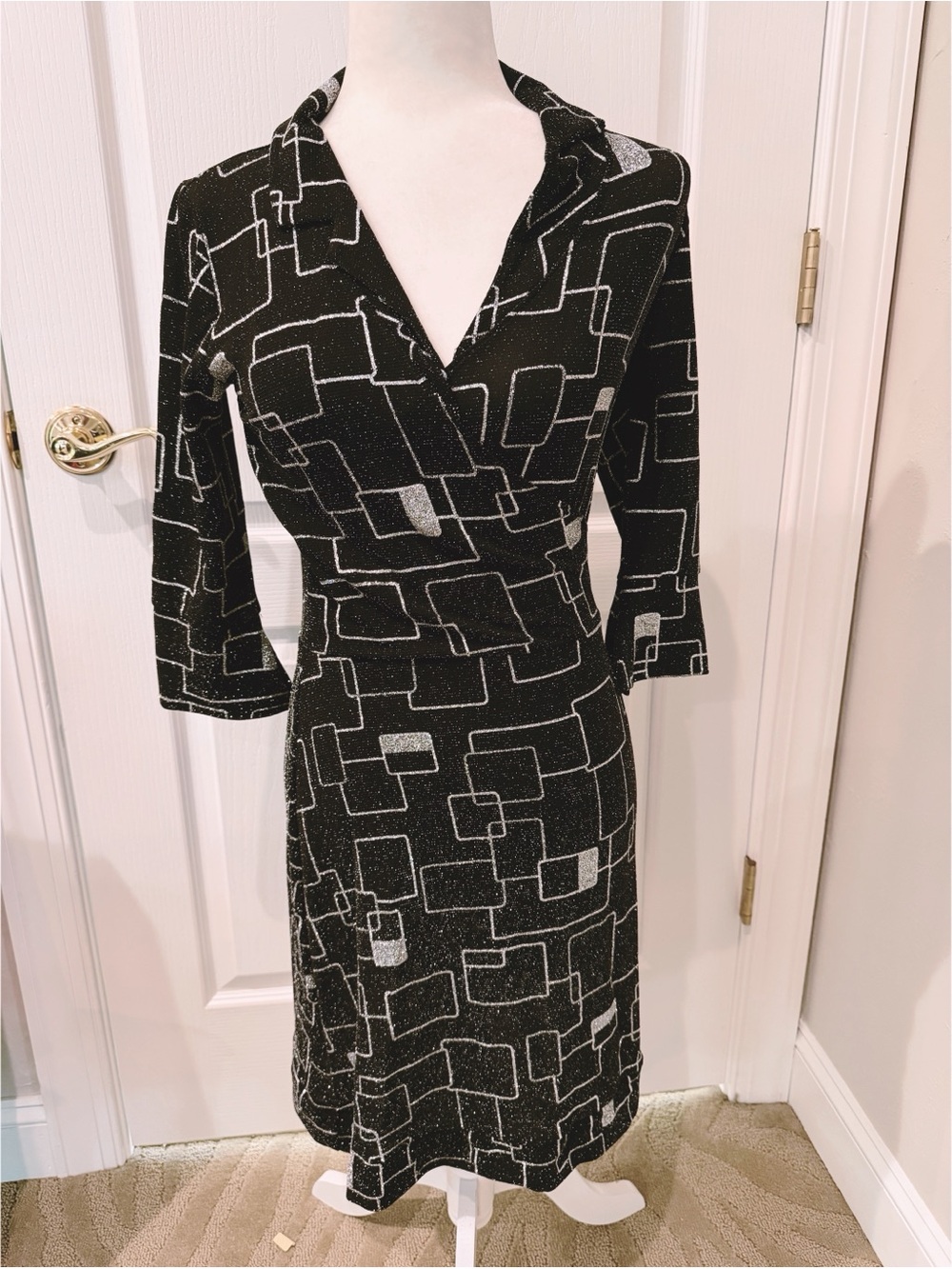 NWOT Huminska Black and Metallic Silver Geometric  Faux Wrap Dress